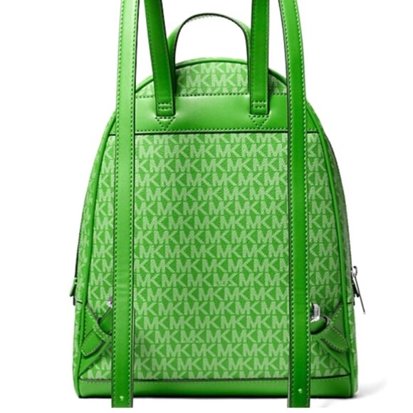 New Michael Kors Rhea Medium Signature Logo Backpack Jungle Green - Picture 2 of 4
